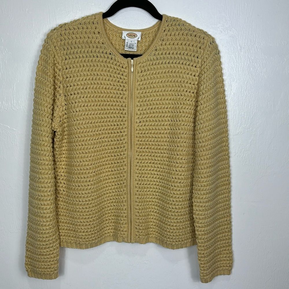 Talbots Vintage Wool Yellow Textured Zip Up Cardigan Sweater Size L